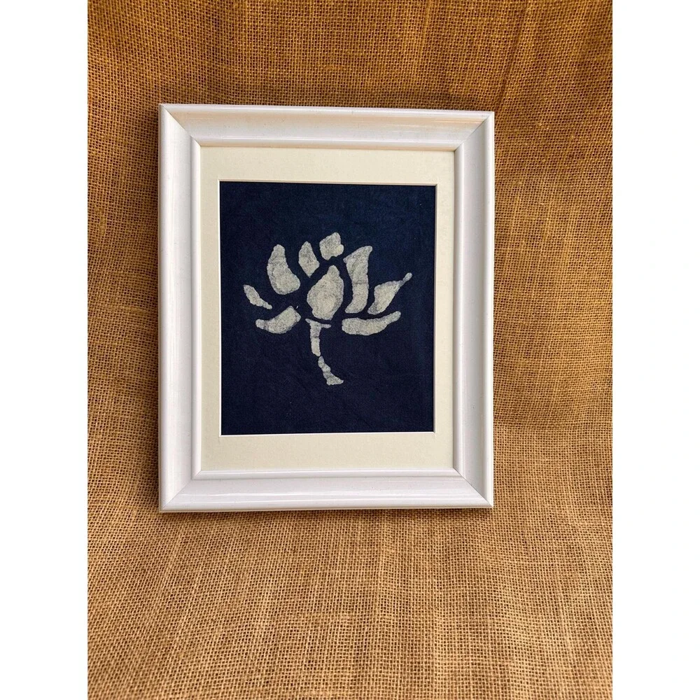 Lotus Textile Wall Art | Handmade Indigo Batik Art | Botanical Zen Home Decor |T